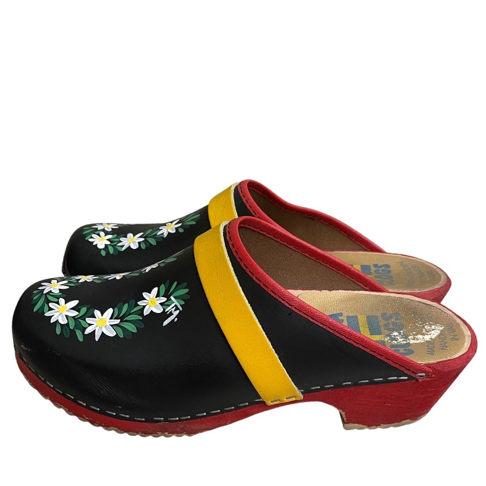 Tessa Clogs Womens 40 :USA 9,Black Leather Hand Painted Daisy Wood Mules Sweden